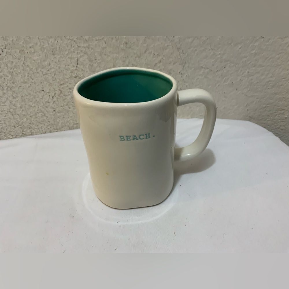 Rae Dunn Ceramic Mug Artisan Collection by Magenta. Off White, Blue “BEACH”